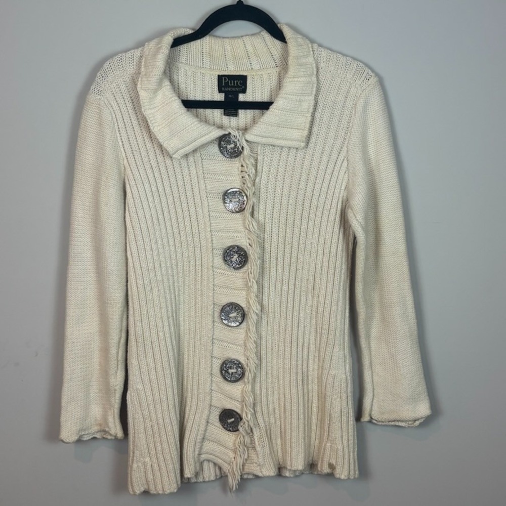 Pure Handknit Beige Chunky Knit Button Cardigan Womens M/L‎ Boho Lagenlook Artsy
